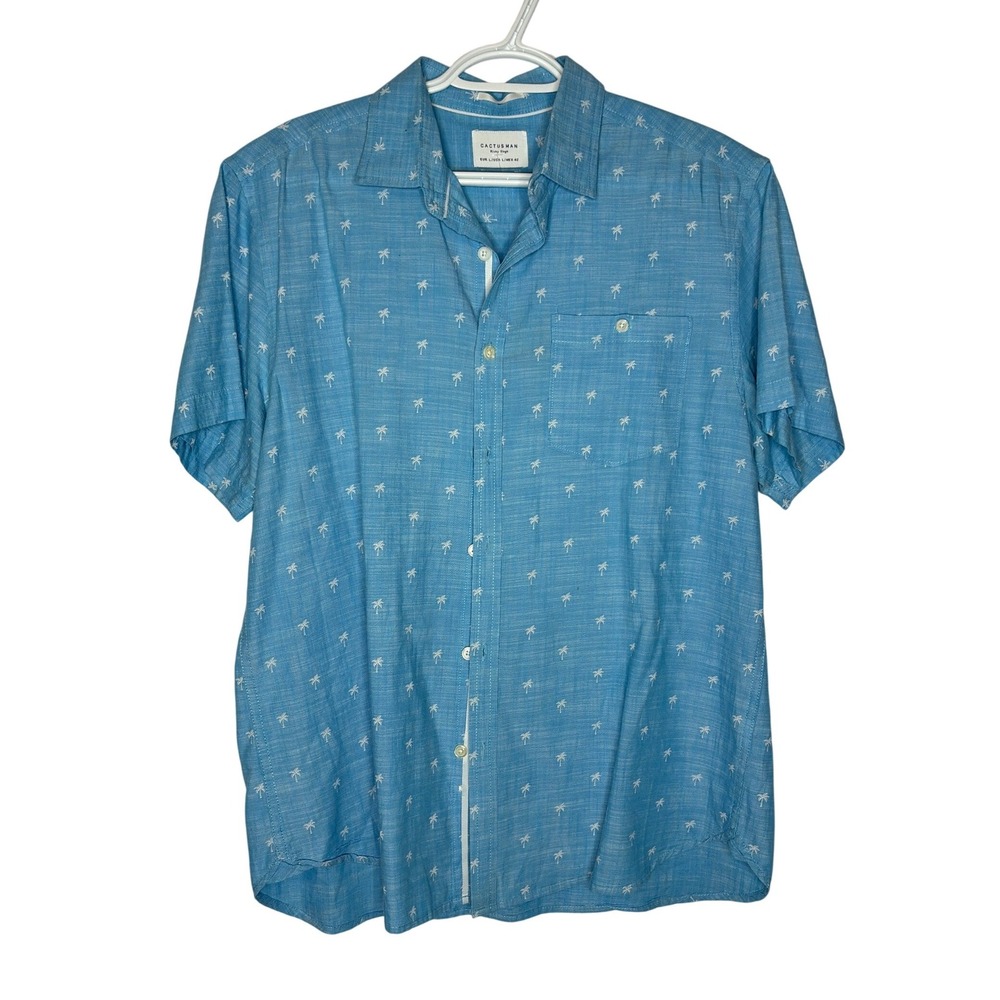 Cactus Man Shirt Large Tropical Blue Palm Tree Slim Fit Cotton Short Sleeve Top